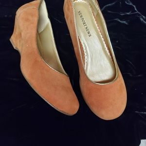 Pink suede stacked heel shoes